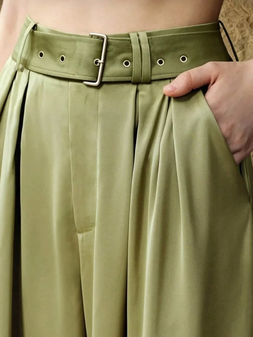 Olive Green Elegant Satin Wide-Leg Women's High-Waisted Office Pants - Picture 6 of 7